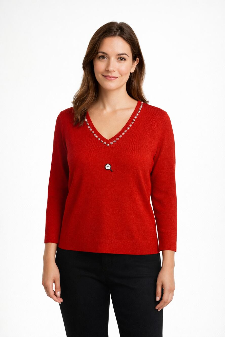 Liv Milano Women’s Red Strawberry Rhinestone Collar Sweater size Large New